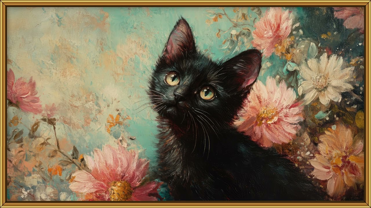 Black Cat Flowers Samsung Frame TV Art | Gold Frame Vintage Art Screensaver Pet TV Wallpaper 2hrs