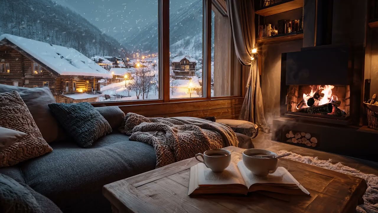 Cold Snow Wind Outside the Cabin | 3 Hours of Fireplace Crackling Sounds for Sleep and Relaxation
