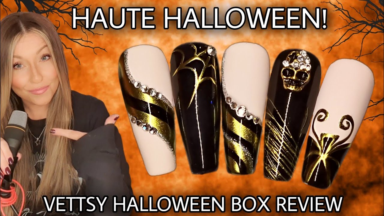 🎃 Easy Halloween nail art design | Vettsy box review | Black gold chrome pumpkin | Spiderweb skull