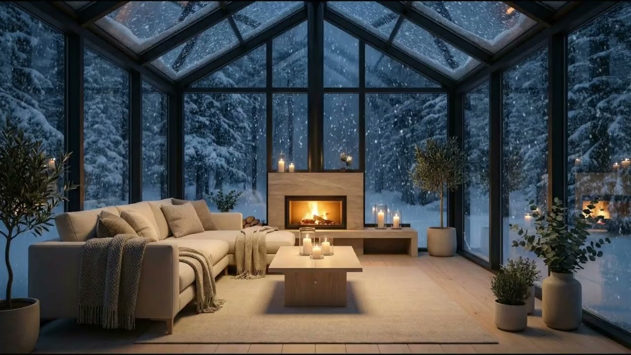 🔥🌸Cozy Snowy Piano Lounge | White Room Flowers & Fireplace | Calm Mind Deep Sleep Study Work Healing