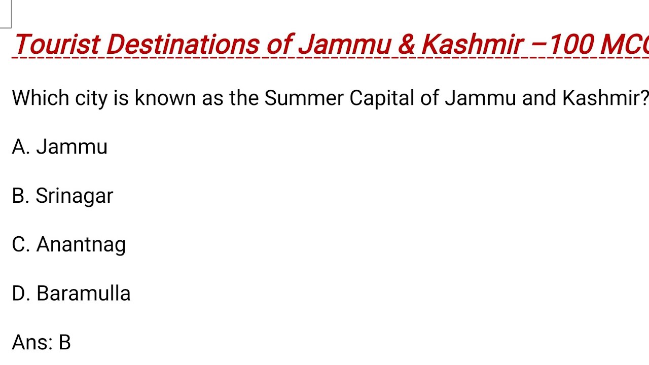 100 mcqs on tourist destinations of Jammu and Kashmir || jkssb junior assistant mcqs || jkssb faa 