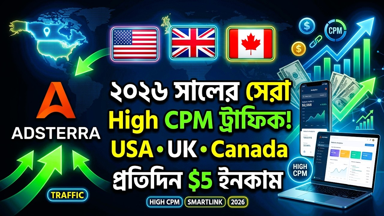 Adsterra High CPM Traffic Source 2026 | USA, UK, Canada Smartlink Marketing | Daily $5 Income