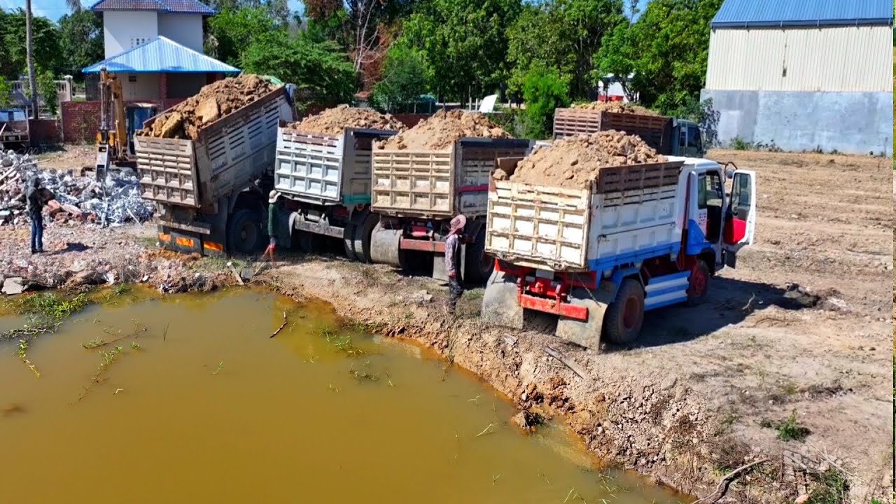 First Start New Project!!, Skill Komat’su Dozer 53A Pushing Soil, Delete Pond With 5T Dump Truck