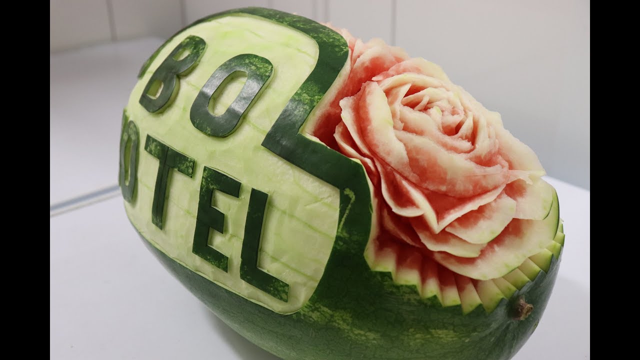 Watermelon carving skill !  (Rose and Letters)