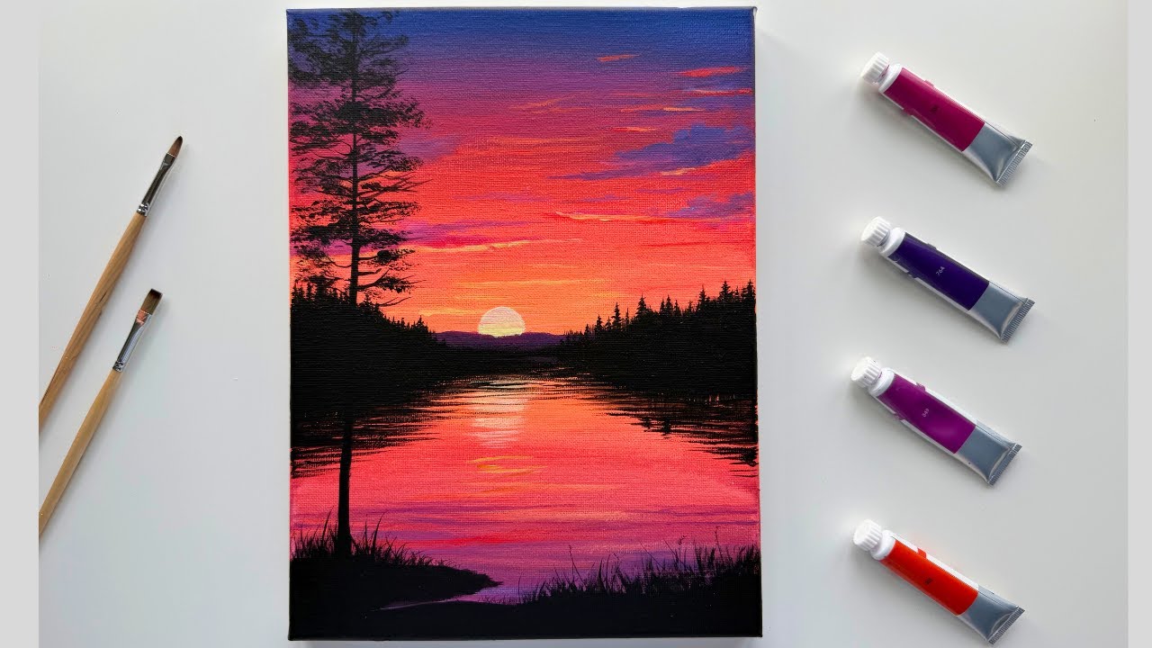 Easy Sunset Lake Acrylic Painting Tutorial | Step by Step Landscape