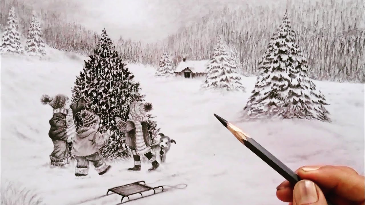 Christmas season landscape drawing // Pencil drawing winter season landscape easy ways //