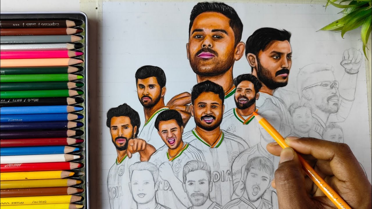 T20 World Cup 2026 Champions Team India Drawing  🇮🇳🔥- Suryakumar, Sanju Samson Drawing Colour 1