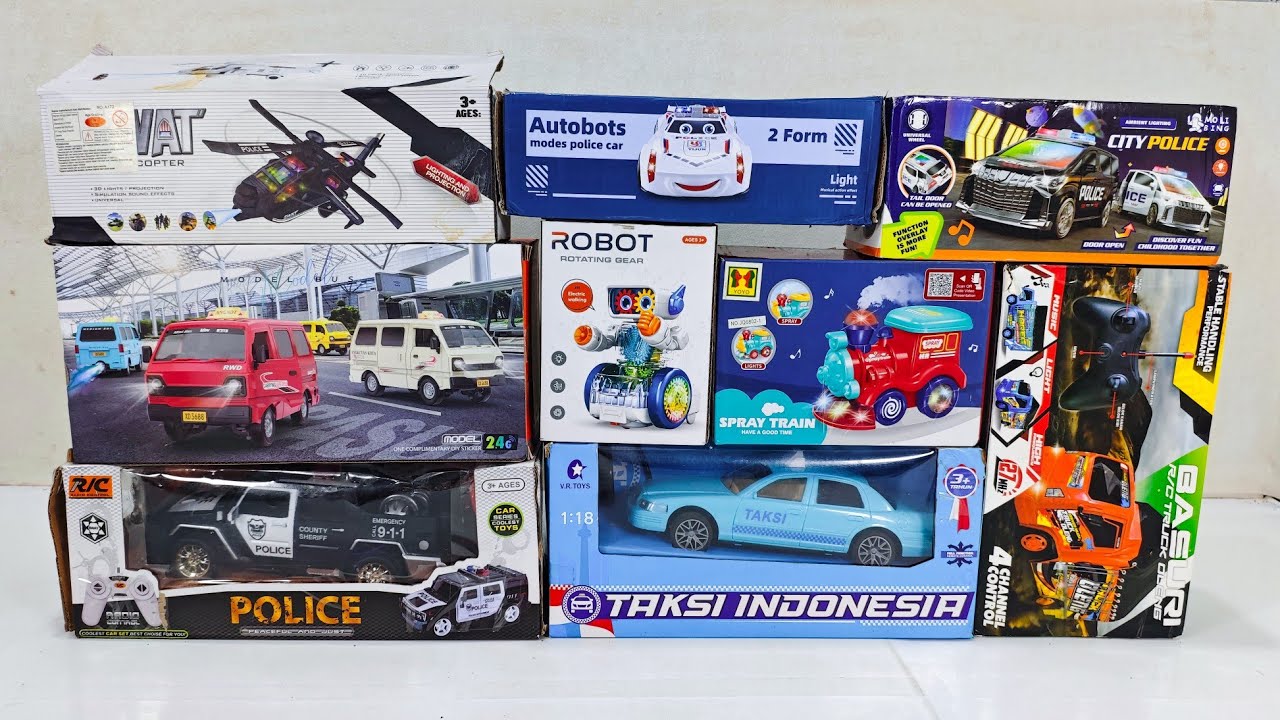 Unboxing RC  Police Pick Up, RC Taxi Indonesia, Gear Robot and Spray Train