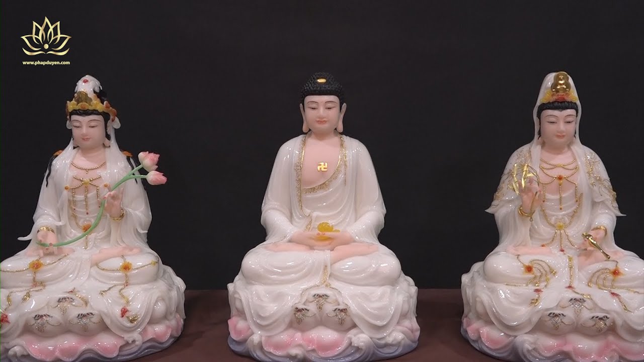 Bộ Tượng T&acirc;y Phương Tam Th&aacute;nh Ngồi Non Nước - Bột Đ&aacute; Trắng Viền Hoa - Cao 40cm