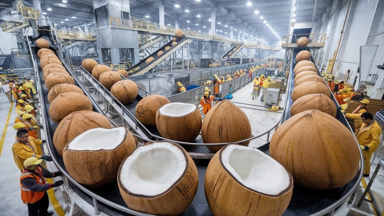 Proceso de Procesamiento del Coco en la Fábrica | Cosecha, Producción y Envasado de Aceite de Coco