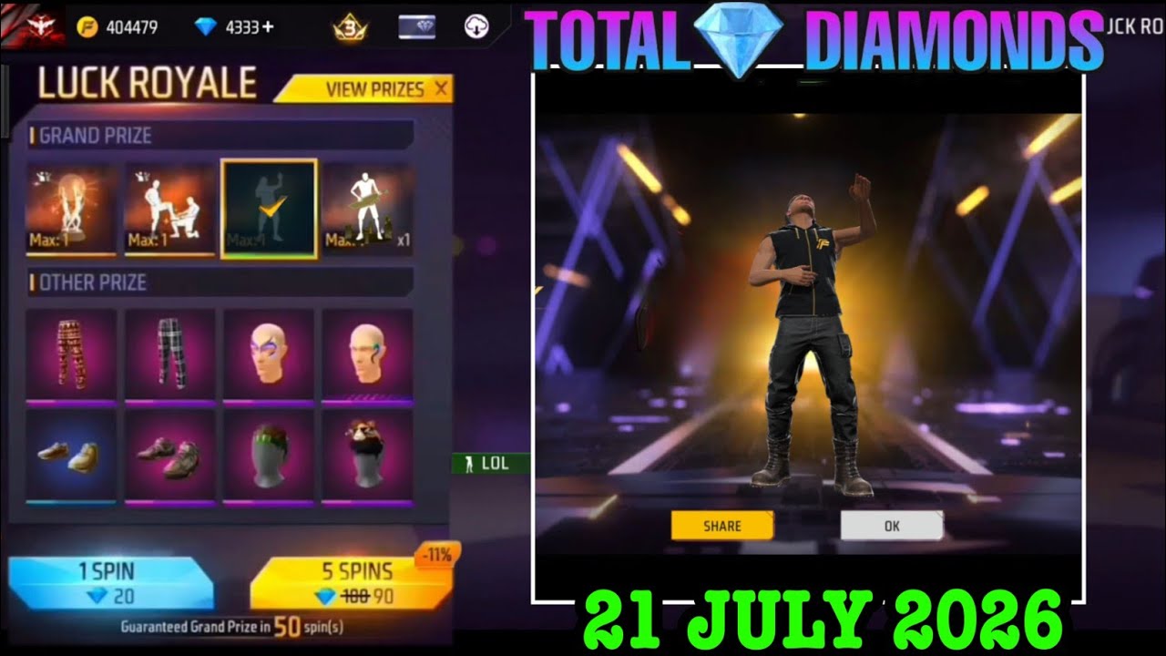 LOL EMOTE 21 JULY EVENT FREE FIRE NEW EMOTE ROYALE MEIN TOTAL KITNA DIAMOND LAGEGA 1 SPIN TRICK FF