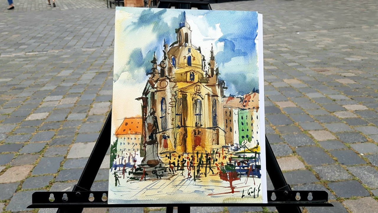 Watercolor study of The Dresden Frauenkirche Cathedral. Plenaire experience. 