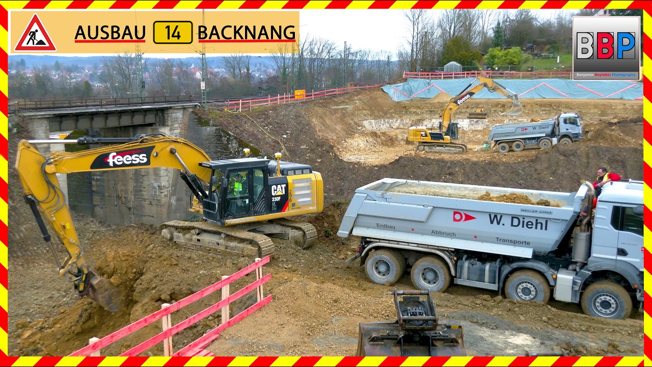 CAT 330F, 336, MAN, Mercedes, Renault Trucks - B14 Ausbau Backnang, Dez. 2025.