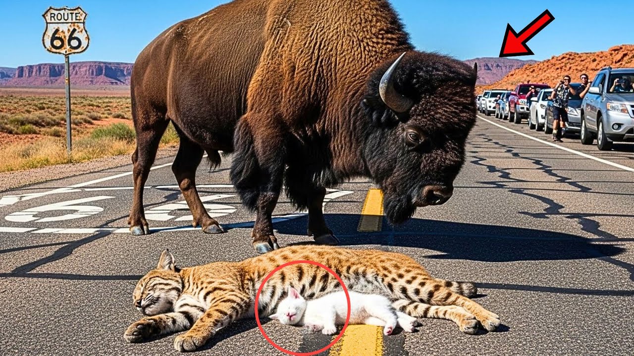 Pregnant Bobcat Collapses on Route 66 With Dying Kitten – Bison Stops Cars For 2 Hours & Then THIS!!