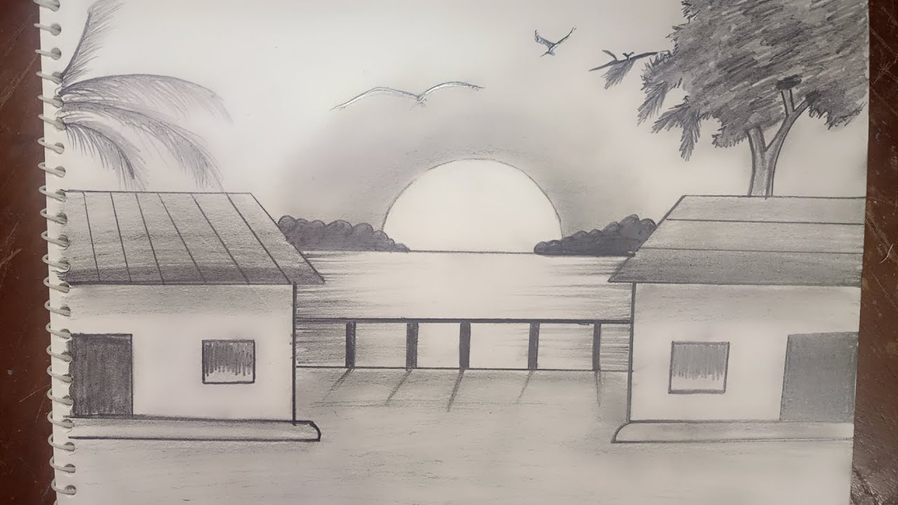 Sunset landscape drawing with pencil || pencil drawing for beginners step by step 