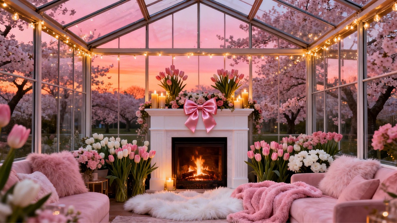 🌸🎀 Cozy Spring Pink Greenhouse Fireplace 🌷 Relaxing Soft Piano & Cherry Blossom Ambience