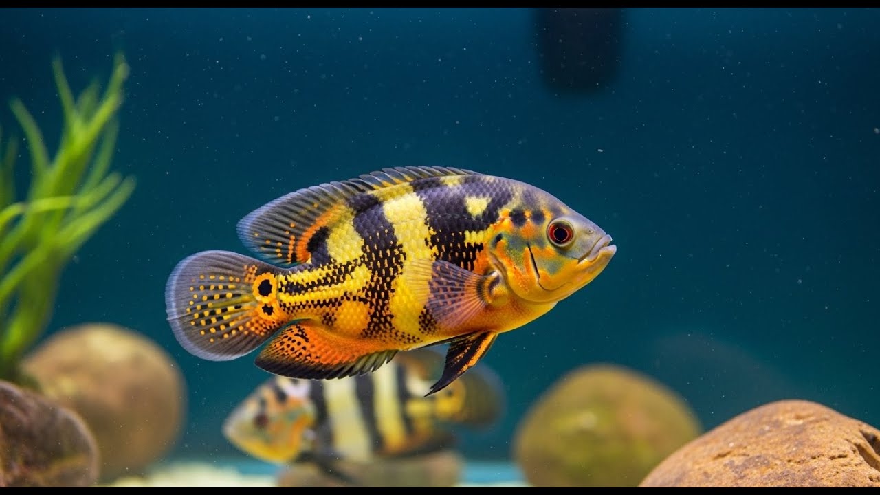 Oscar Fish Steals the Show in a Colorful Aquarium