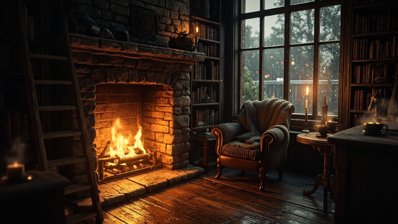 A Cozy, Warmly Lit Study Room 🔥 Candlelight, Rainy Window & Gentle Piano Music