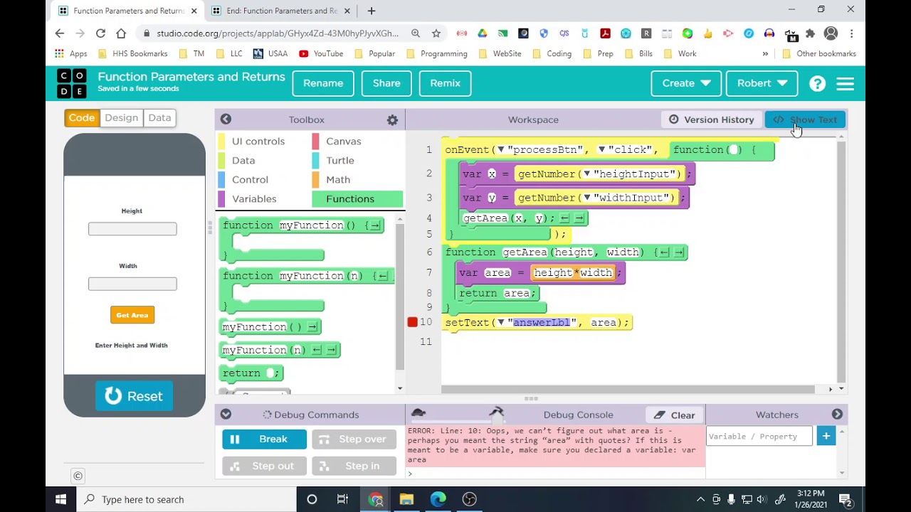 JavaScript/App Lab Functions w/ Parameters and Returns Review