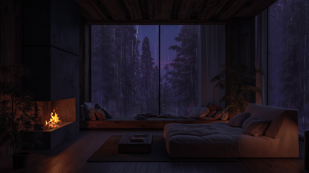Lluvia y Chimenea en Habitación del Bosque | Sonidos Cálidos para Dormir Profundamente