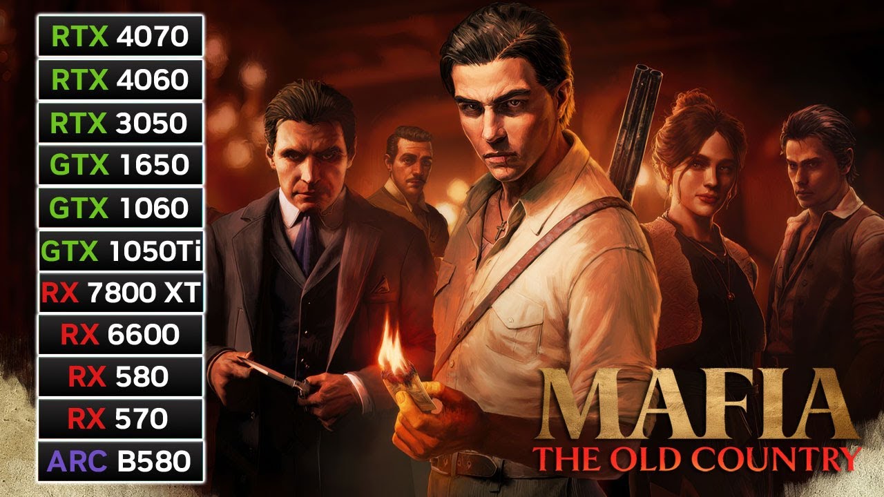 11 GPUs | Mafia: The Old Country | RX 7800 XT, RX 6600, RX 580, RX 570, RTX 4060, RTX 3050, GTX 1650