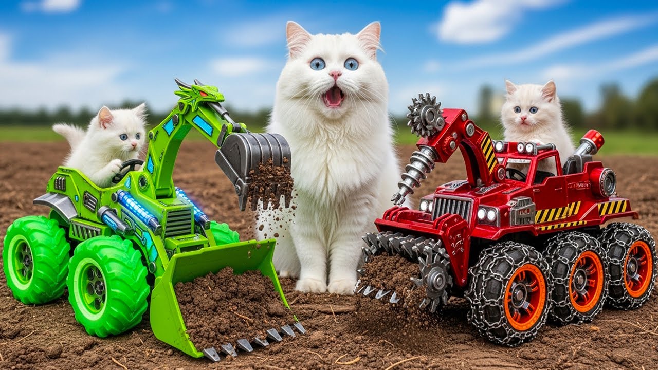 Mama Cat & Kittens Saves Poodle from Flood 🌊 Drive Excavator, Truck & Crane to Help Stuck Car 🚗❤️🐱🐾