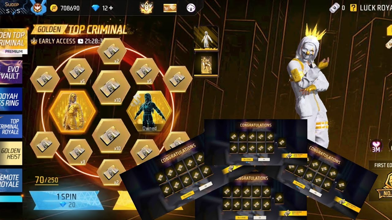 GOLDEN CRIMINAL BUNDLE IN FREE FIRE RING EVENT//ff golden criminal bundle spin #freefire #viral