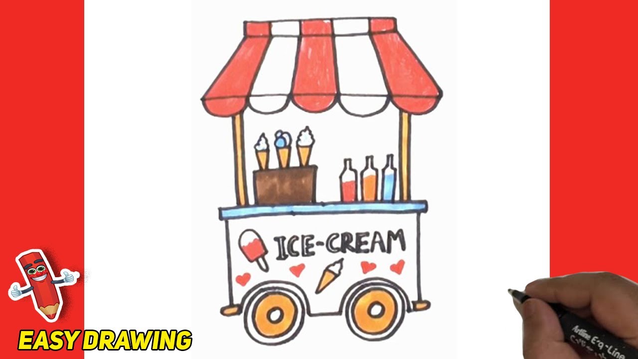 How to draw and color a Ice cream cart very easy and step by step | Ice cream cart color drawings