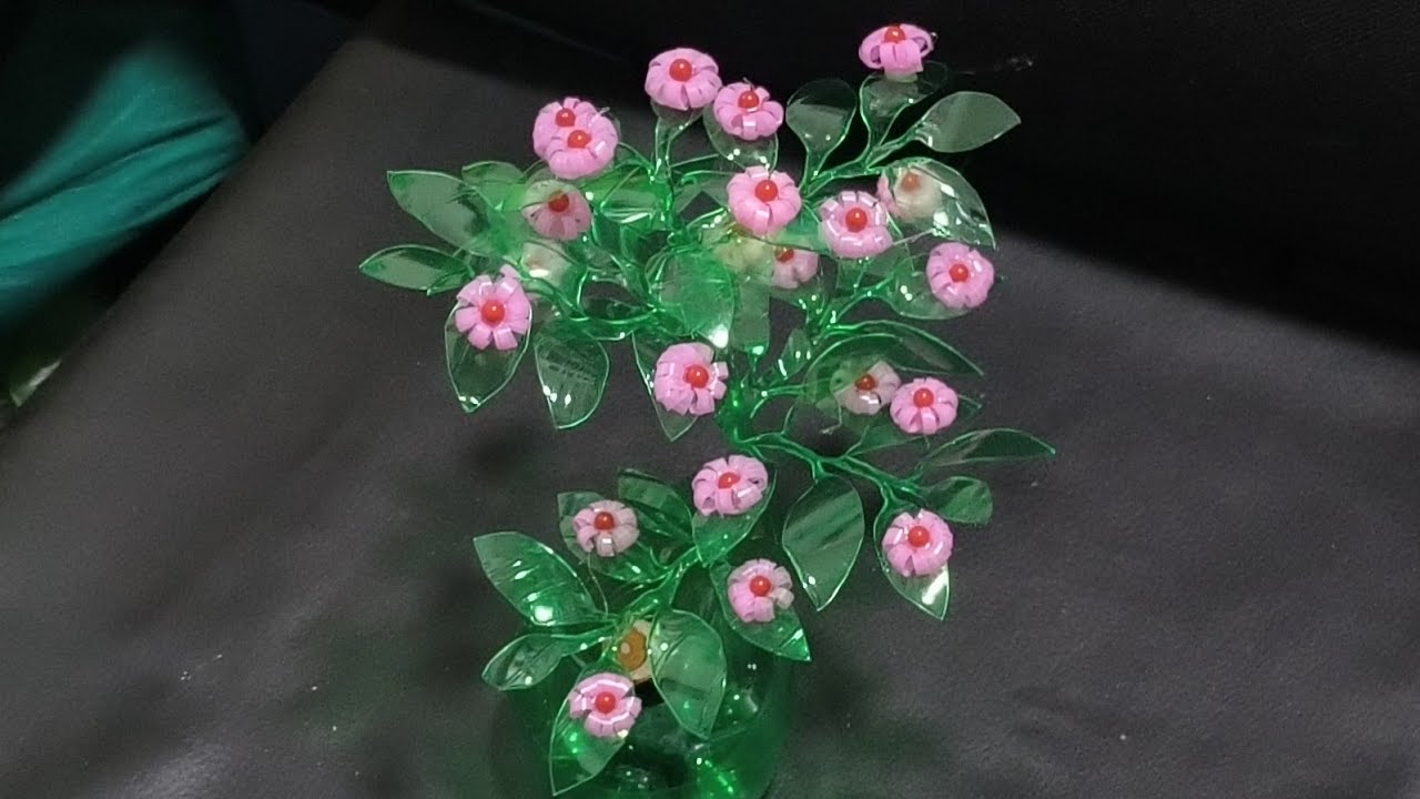 pink round flower bonsai using pet bottle & drinking straw plastic bottle craft reuse reduce recycle