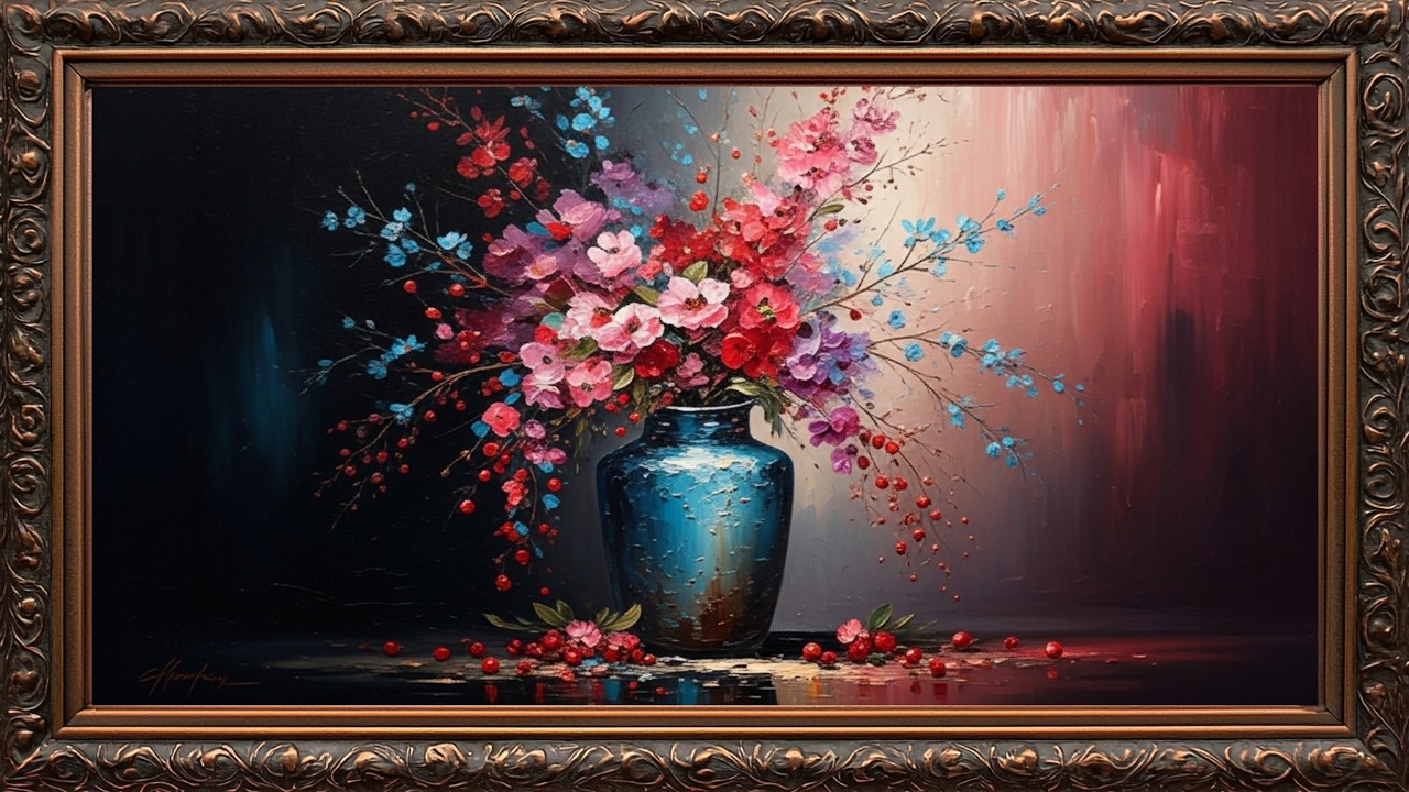 Flower Oil Painting on Vintage TV Frame 🎨 Calm Visual Art for Sleep, Study & Relaxation