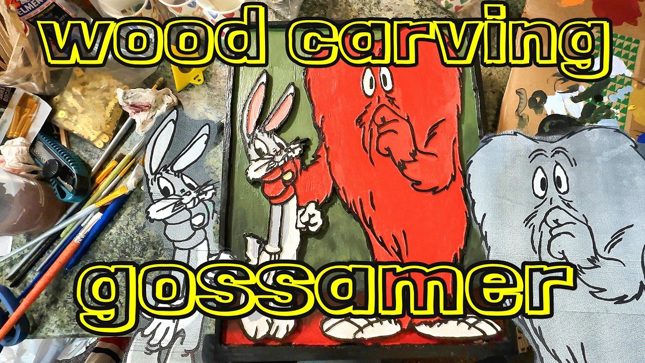 Резьба по дереву: Паутина и Багз Банни из классических мультфильмов Looney Tunes.