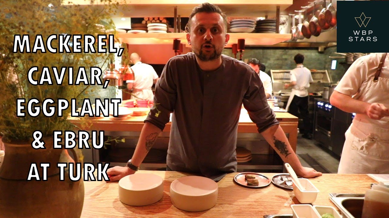 Chef Fatih Tutak prepares a MACKEREL & CAVIAR starter at restaurant TURK in Istanbul, Turkey