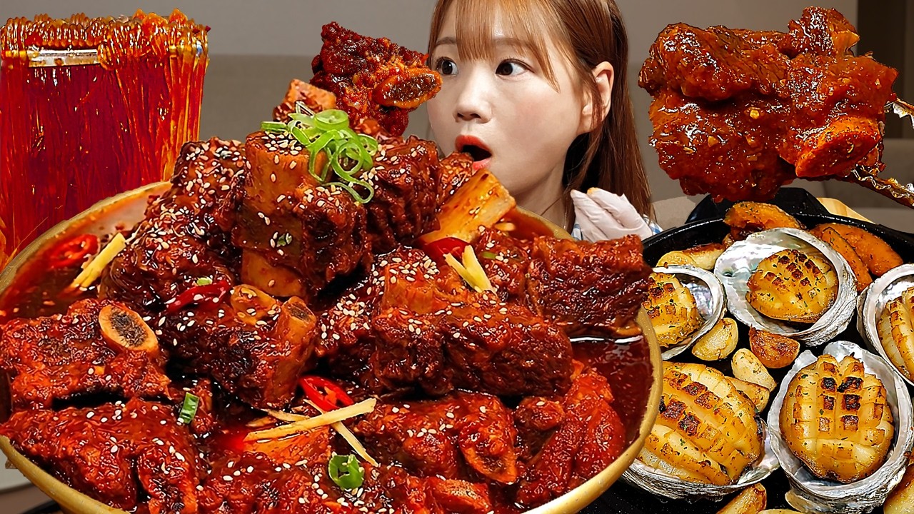 Sub)Real Mukbang- Острые говяжьи рёбрышки «Чесночная бомба» 🔥 Лапша🍜 АСМР КОРЕЙСКАЯ ЕДА