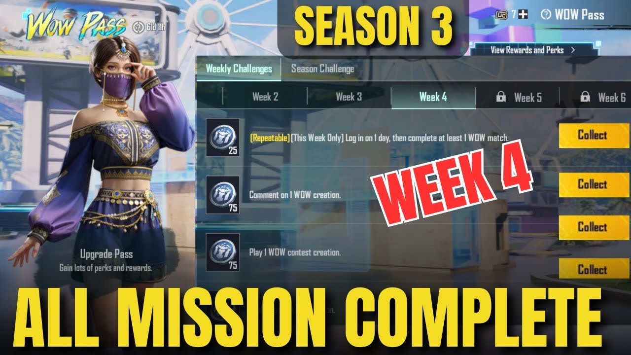 WEEK 4 WOW PASS ALL MISSION COMPLETE PUBG MOBILE & BGMI | WEEK 4 UNLOCK WOW PASS