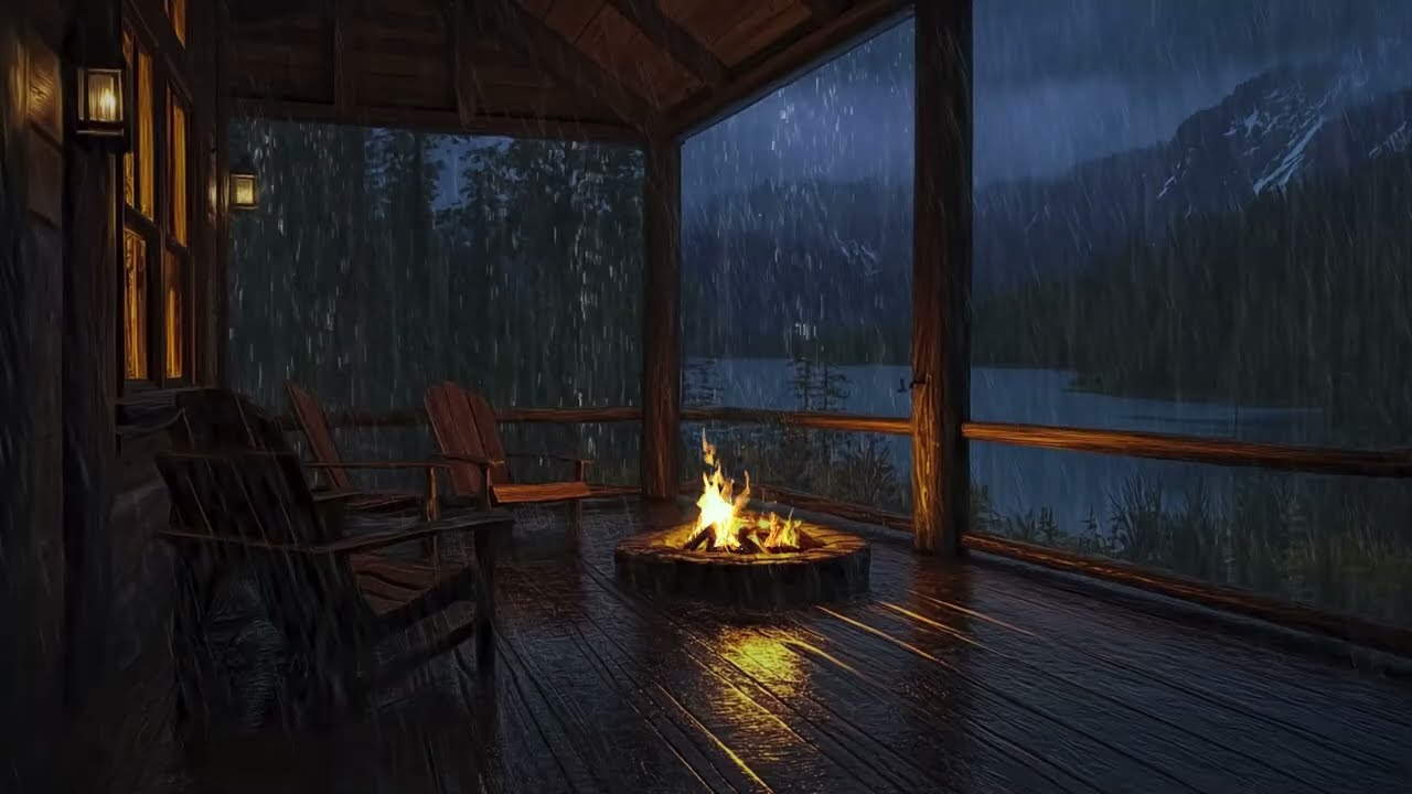 Replenish Your Energy with Heavy Mountain Rain & Warm Fire | Cozy Log Cabin Porch