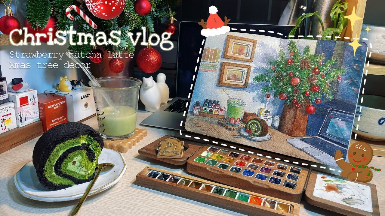 Christmas vlog🎅🏻| Draw with me 🎨 | Xmas tree decor🎄+ Making strawberry matcha latte 🍓🍵