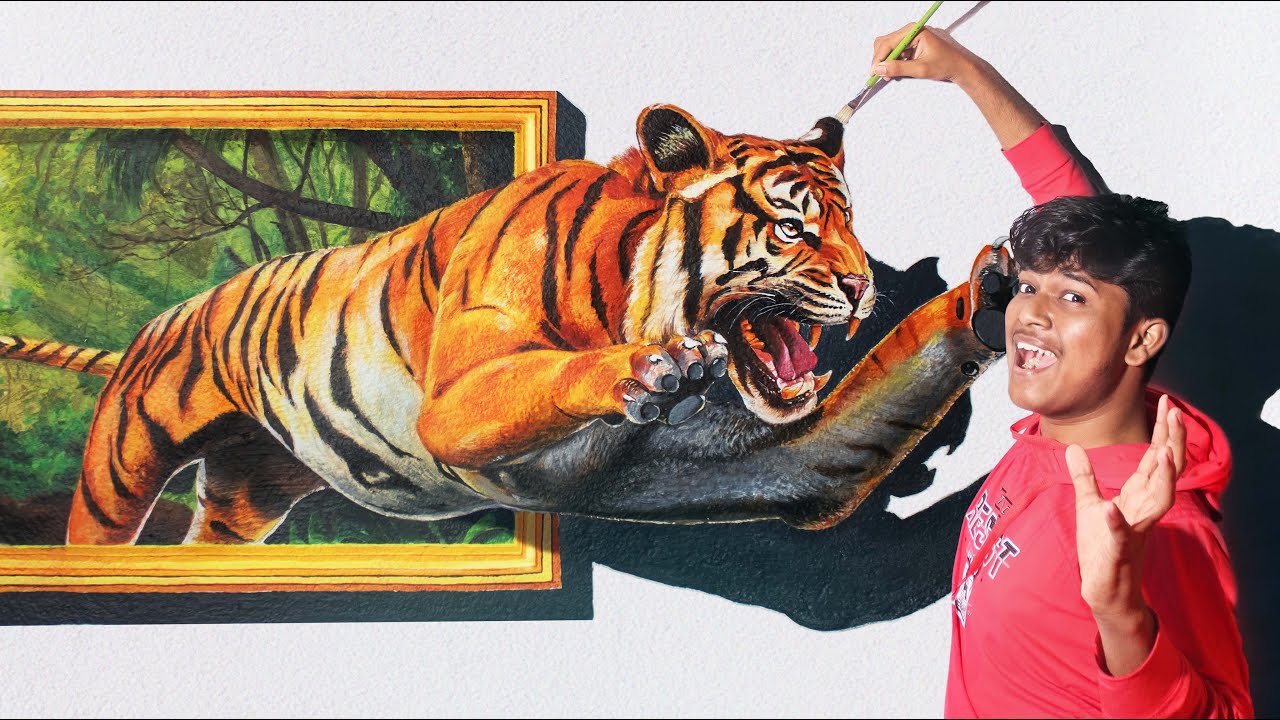 I Made A 3D Tiger In My Room Wall 🔥@Subhojit Mondal Art