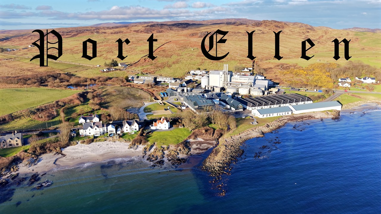 Ambient Drone view from idyllic house beside the Port Ellen Distillery in 4K