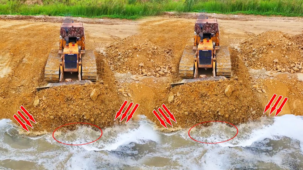 Be Oh Massive Equipments Working Filling a Big Lake, KOMATSU Bulldozer, Dump Trucks Working