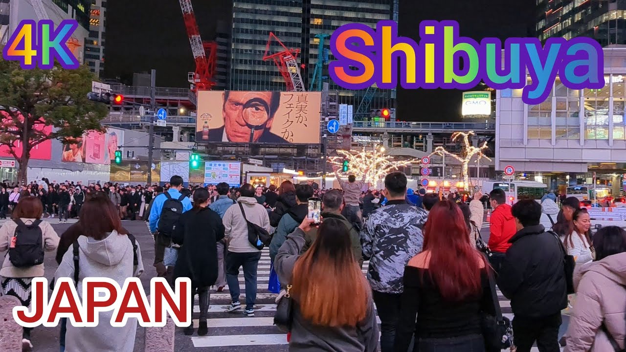Night View of Shibuya crossing & walking tour. Tokyo, Japan. 