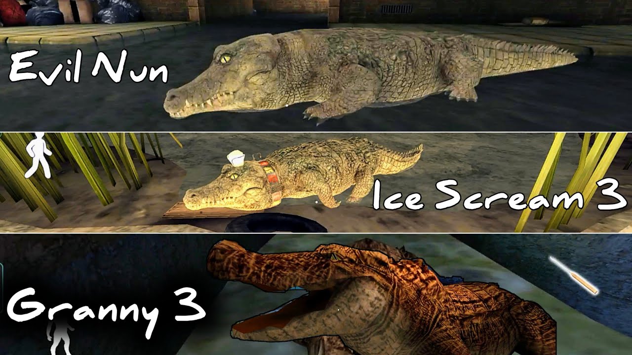 Granny 3 Crocodile Vs Evil Nun Crocodile Vs Ice Scream 3 Rod Crocodile Jumpscares Battle