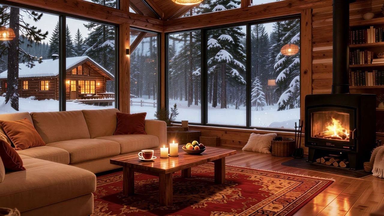 Winter Cabin Jazz Ambience | Crackling Fire + Snowfall Outside