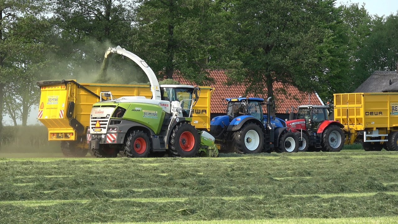 Gras hakselen door loonbedrijf Reimink met Claas Jaguar 950 en DEWA silagewagens (2025)