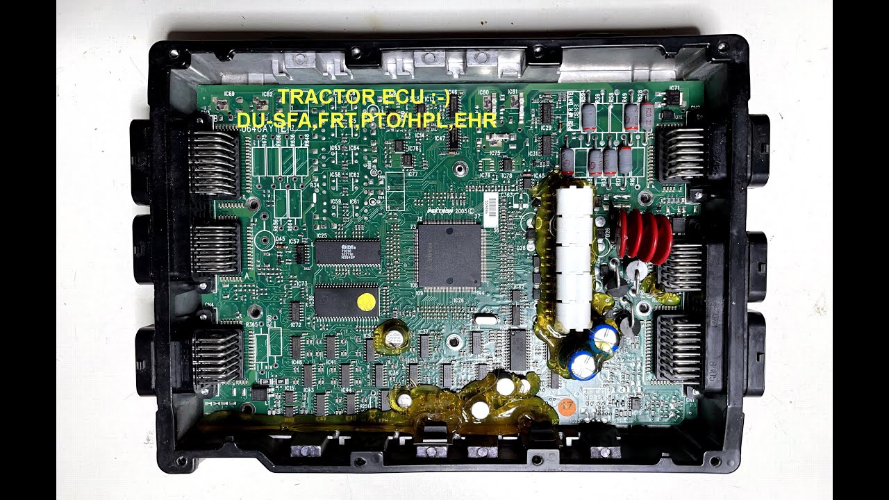 Tractor ECU (Electronic Control Unit) Teardown and Repair, labeled DU-SFA,FRT,PTO/HPL,EHR