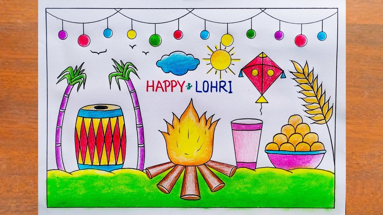 Lohri Drawing Easy / Happy Lohri Poster Drawing / Lohri Festival Drawing Easy / Happy Lohri Drawing 