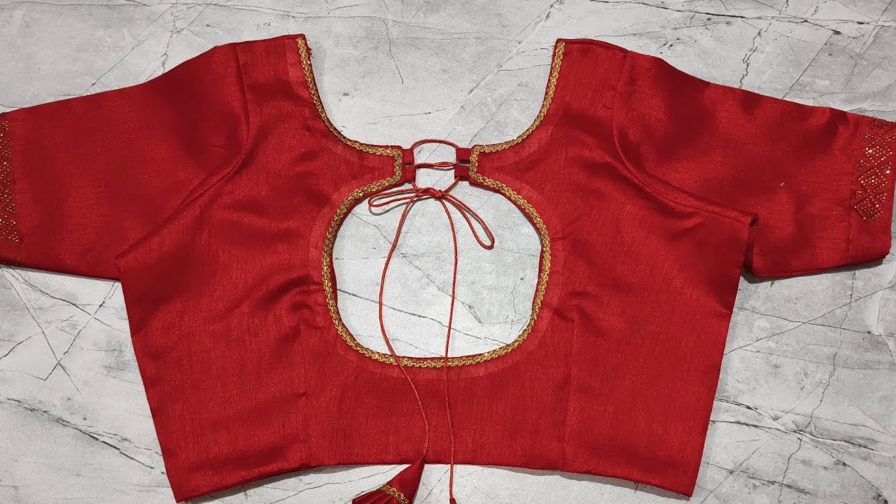  Red Silk Blouse with Round Cut-Out Back neck design 