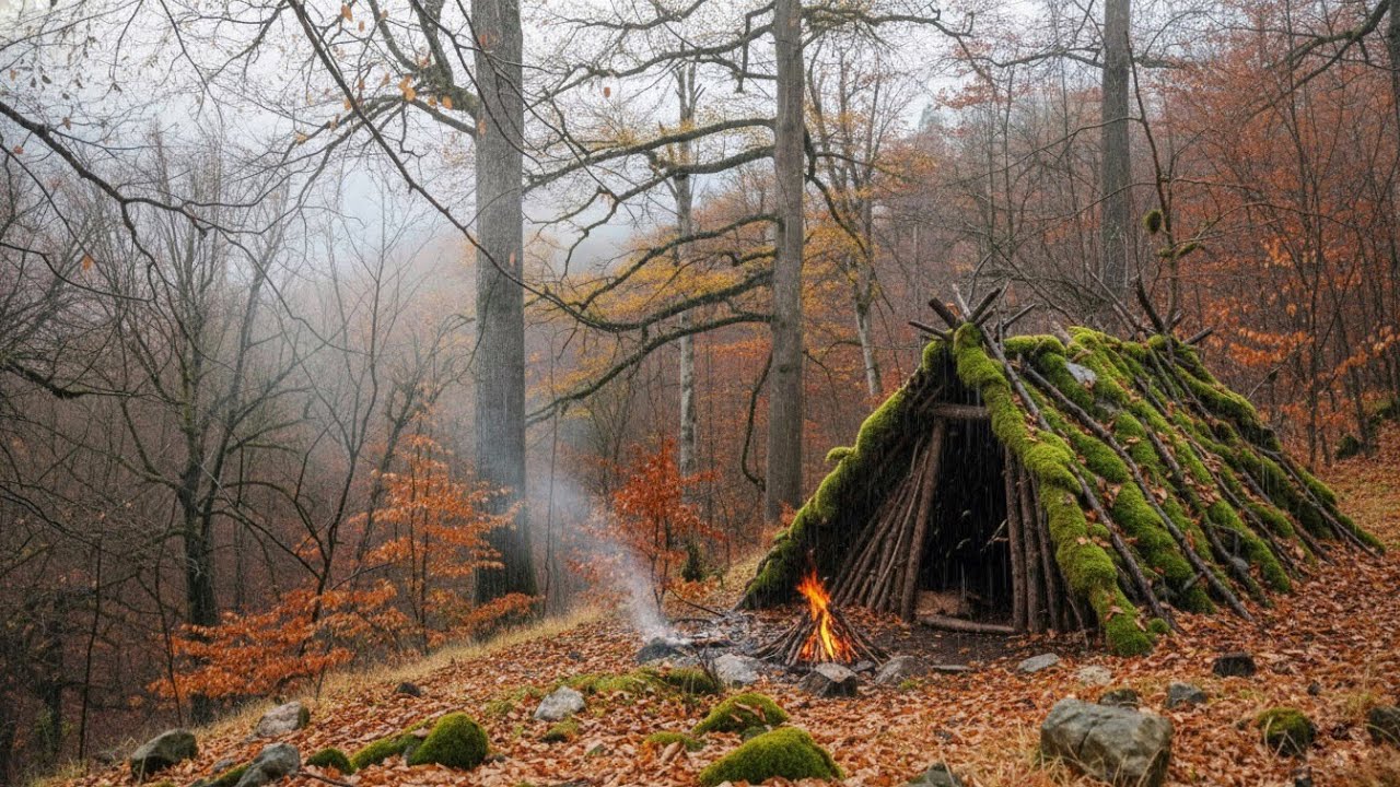 Solo Winter Bushcraft Survival in Heavy Rain | Building a Bushcraft Shelter, Winter Camping