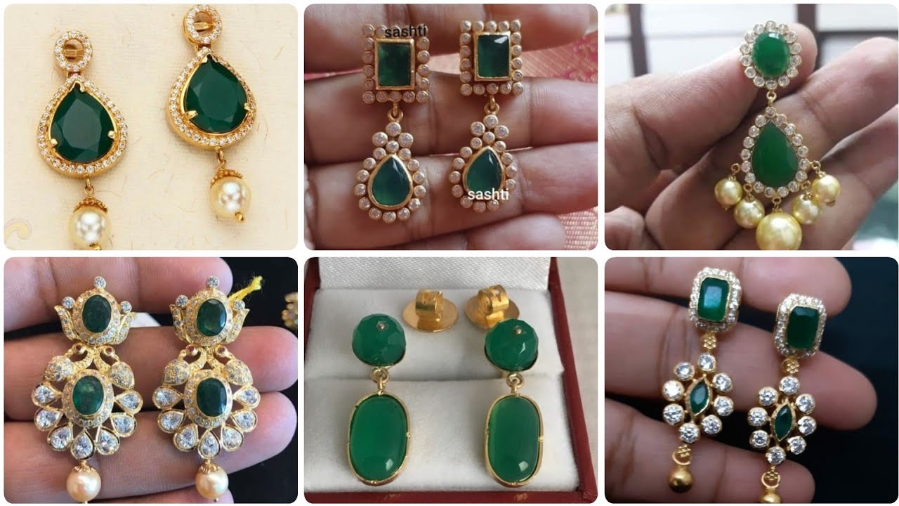green colour ruby stones gold earrings designs with weight/stylish look designs earrings collection.