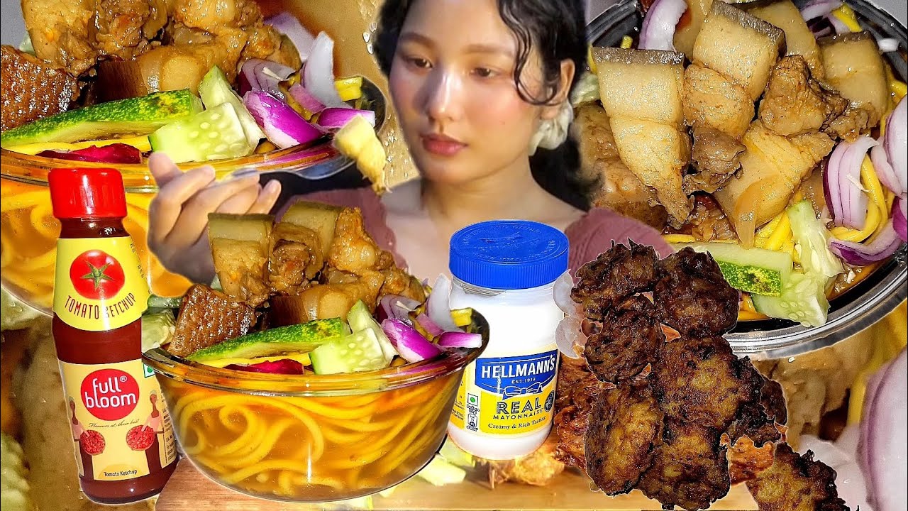 Eating spicy pork thukpa with aloo chop and onion pakoda mukbang