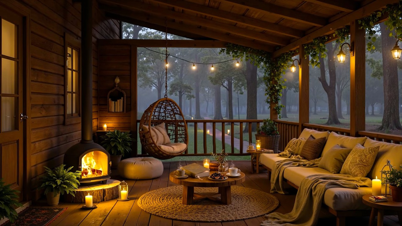 Cozy Rainy Porch Ambience 🌧️ Soothing Piano Jazz Music, Rain & Fireplace Sounds for Relaxation